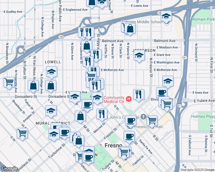 map of restaurants, bars, coffee shops, grocery stores, and more near 215 North Effie Street in Fresno