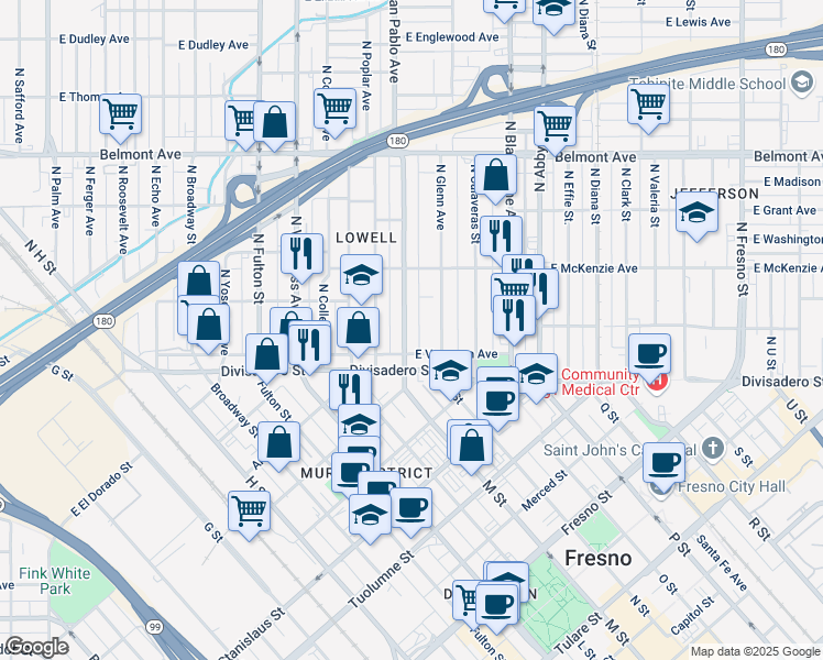 map of restaurants, bars, coffee shops, grocery stores, and more near 224 North San Pablo Avenue in Fresno
