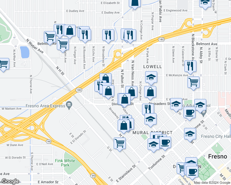 map of restaurants, bars, coffee shops, grocery stores, and more near 175 North Yosemite Avenue in Fresno