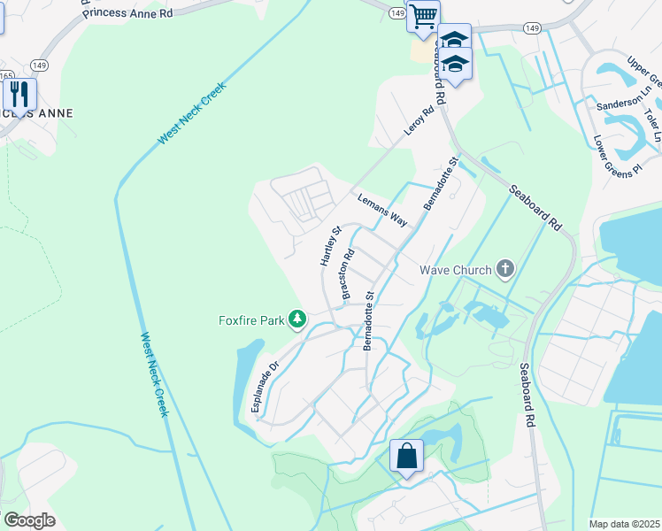 map of restaurants, bars, coffee shops, grocery stores, and more near 2604 Hartley Street in Virginia Beach