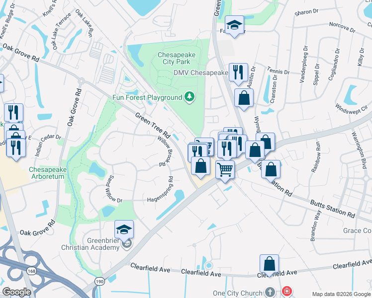 map of restaurants, bars, coffee shops, grocery stores, and more near 706 Lacy Oak Drive in Chesapeake