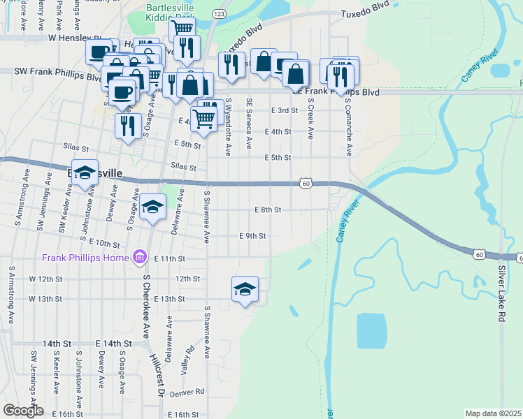 map of restaurants, bars, coffee shops, grocery stores, and more near 860 South Seneca Avenue in Bartlesville