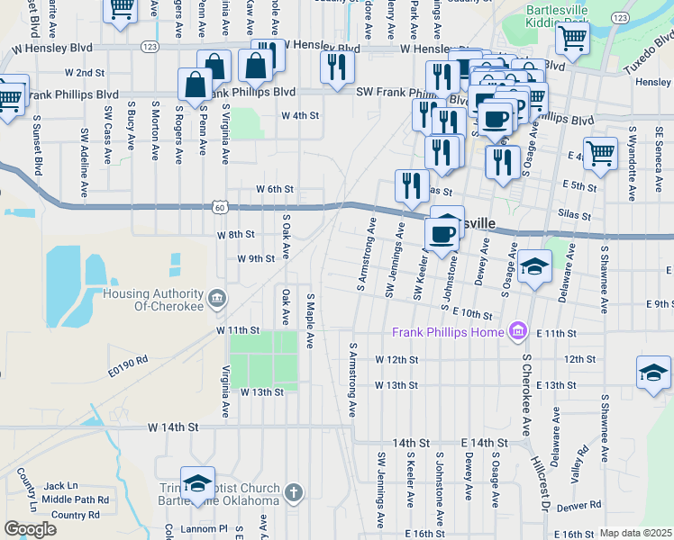 map of restaurants, bars, coffee shops, grocery stores, and more near 416 West 9th Street in Bartlesville