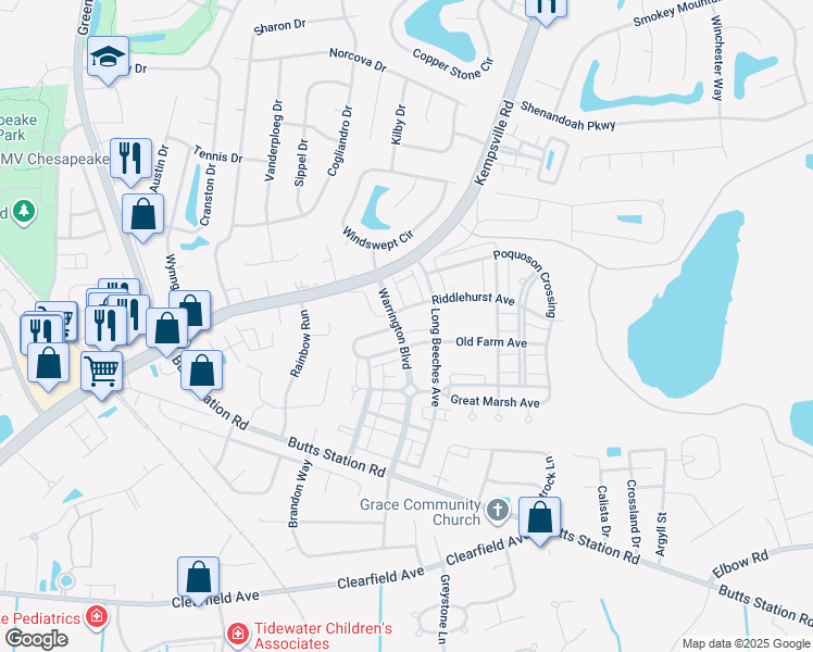 map of restaurants, bars, coffee shops, grocery stores, and more near 1104 Halton Lane in Chesapeake
