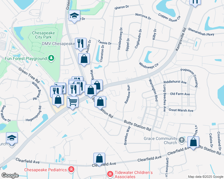 map of restaurants, bars, coffee shops, grocery stores, and more near 529 Trolley Crossing in Chesapeake
