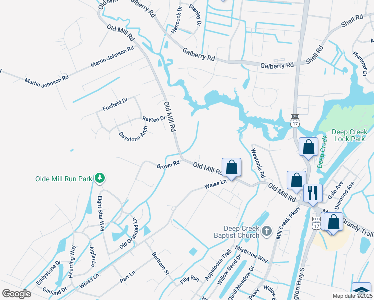 map of restaurants, bars, coffee shops, grocery stores, and more near 3300 Old Mill Road in Chesapeake