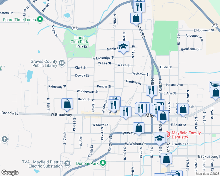 map of restaurants, bars, coffee shops, grocery stores, and more near 401-499 North 13th Street in Mayfield