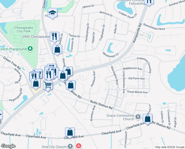 map of restaurants, bars, coffee shops, grocery stores, and more near 541 Davidson Circle in Chesapeake