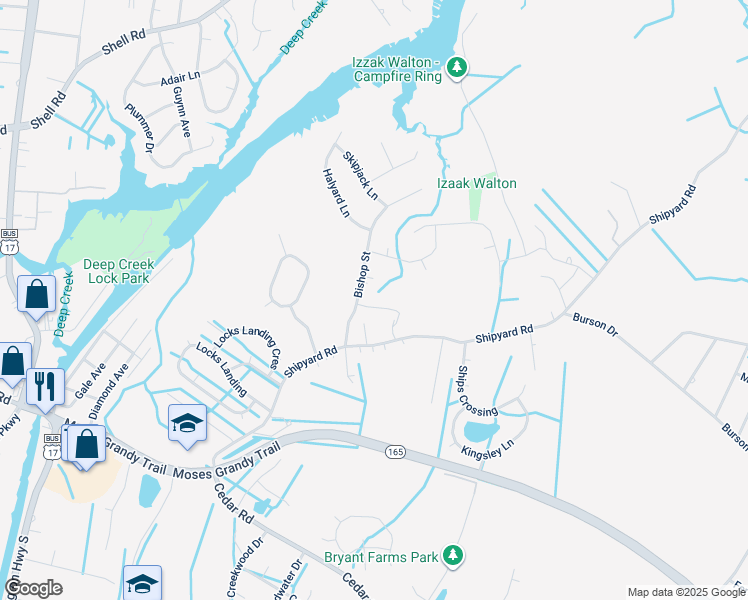 map of restaurants, bars, coffee shops, grocery stores, and more near Dale Street in Chesapeake