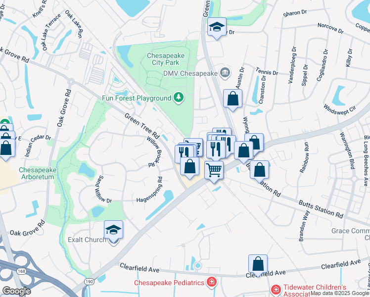 map of restaurants, bars, coffee shops, grocery stores, and more near 743 Lacy Oak Drive in Chesapeake