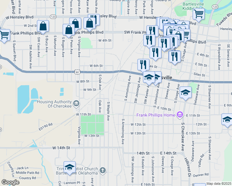 map of restaurants, bars, coffee shops, grocery stores, and more near 900 South Maple Avenue in Bartlesville