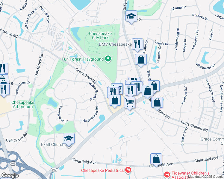 map of restaurants, bars, coffee shops, grocery stores, and more near 743 Lacy Oak Drive in Chesapeake