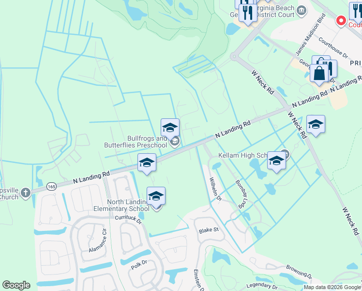 map of restaurants, bars, coffee shops, grocery stores, and more near 2824 North Landing Road in Virginia Beach