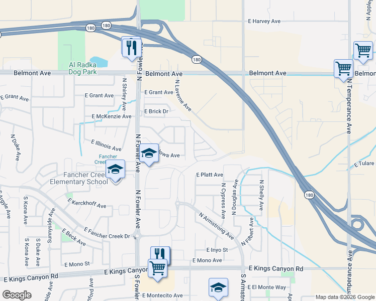 map of restaurants, bars, coffee shops, grocery stores, and more near 612 North Burgan Avenue in Fresno