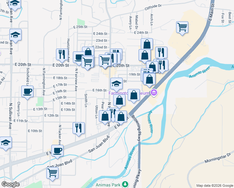 map of restaurants, bars, coffee shops, grocery stores, and more near 1612 North Hutton Avenue in Farmington