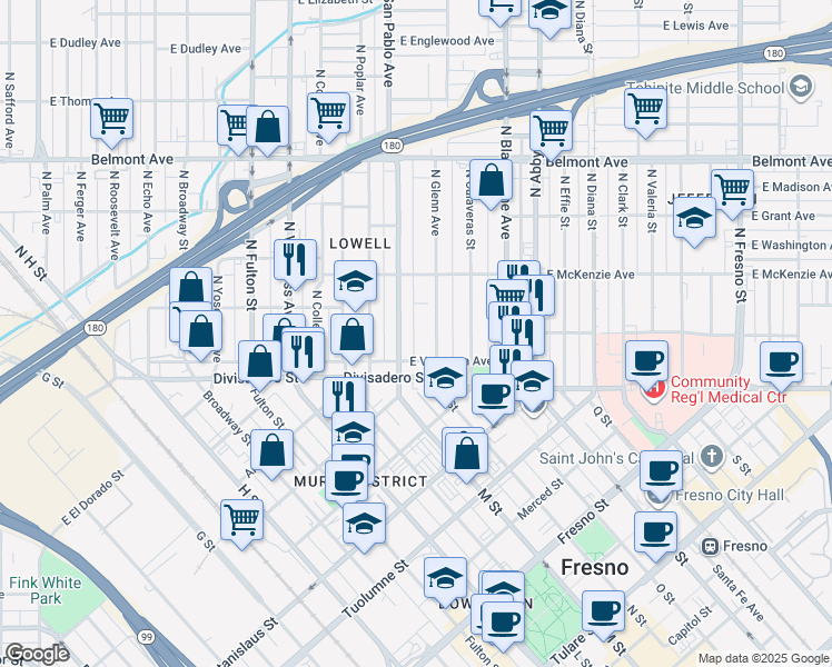 map of restaurants, bars, coffee shops, grocery stores, and more near 224 North San Pablo Avenue in Fresno