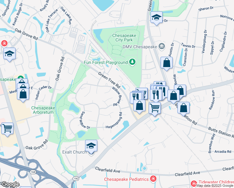 map of restaurants, bars, coffee shops, grocery stores, and more near 720 Willow Brook Road in Chesapeake