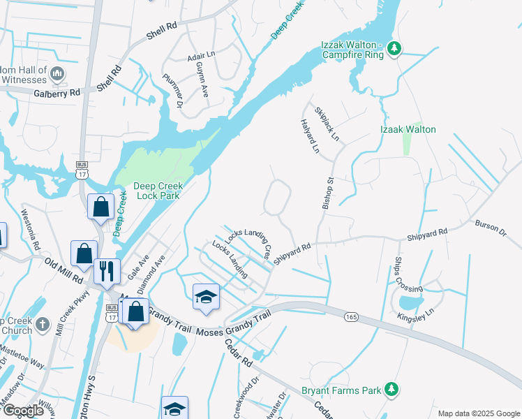 map of restaurants, bars, coffee shops, grocery stores, and more near 2417 Broadnax Circle in Chesapeake