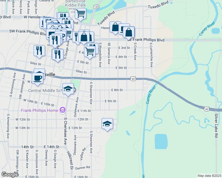 map of restaurants, bars, coffee shops, grocery stores, and more near 860 South Seneca Avenue in Bartlesville