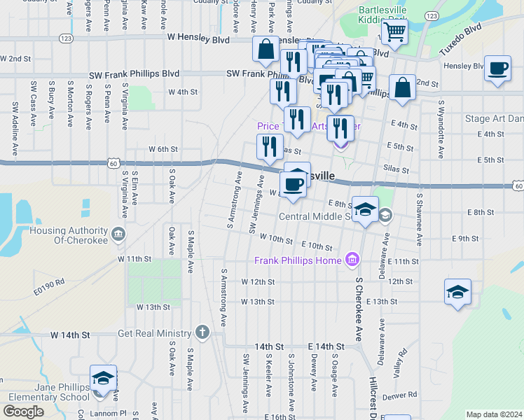 map of restaurants, bars, coffee shops, grocery stores, and more near 809 South Keeler Avenue in Bartlesville
