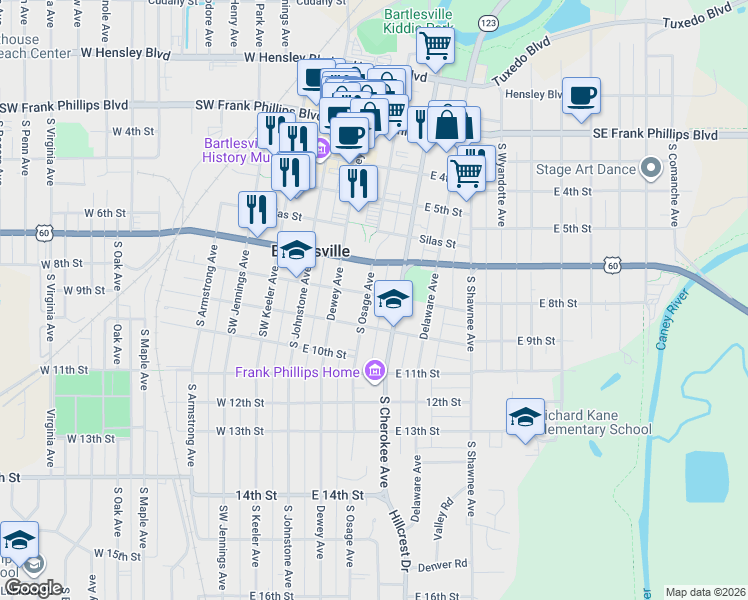 map of restaurants, bars, coffee shops, grocery stores, and more near 723 South Osage Avenue in Bartlesville