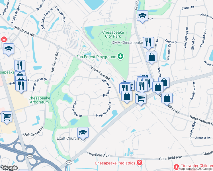 map of restaurants, bars, coffee shops, grocery stores, and more near 720 Willow Brook Road in Chesapeake