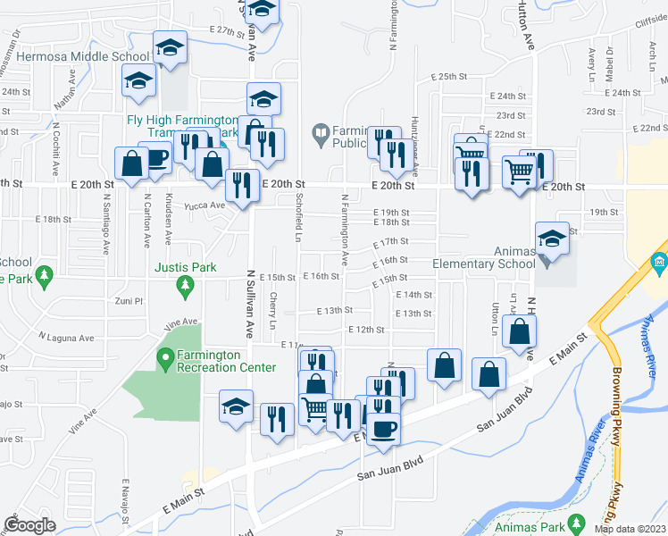 map of restaurants, bars, coffee shops, grocery stores, and more near 1611 Farmington Avenue in Farmington