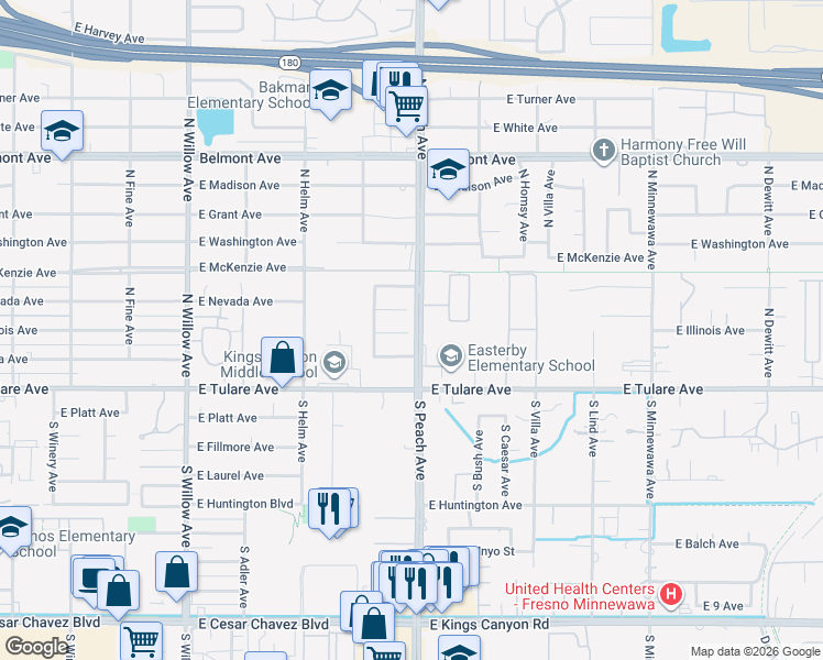 map of restaurants, bars, coffee shops, grocery stores, and more near 230 North Peach Avenue in Fresno