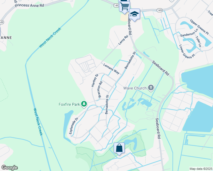 map of restaurants, bars, coffee shops, grocery stores, and more near 2617 Bracston Road in Virginia Beach