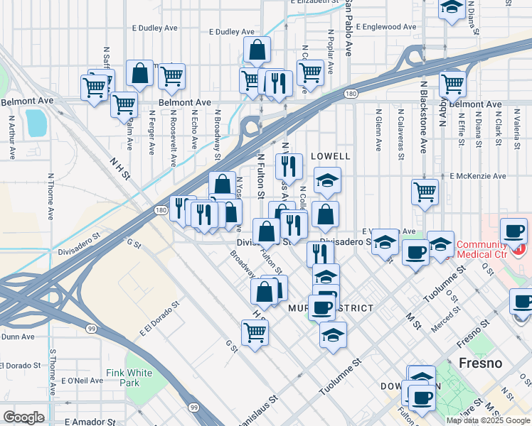 map of restaurants, bars, coffee shops, grocery stores, and more near 148 North Fulton Street in Fresno