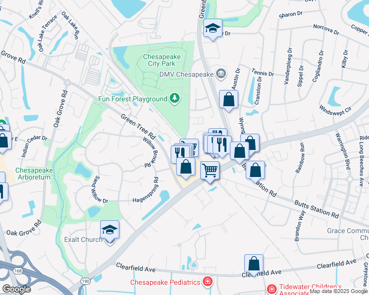 map of restaurants, bars, coffee shops, grocery stores, and more near 751 Lacy Oak Drive in Chesapeake