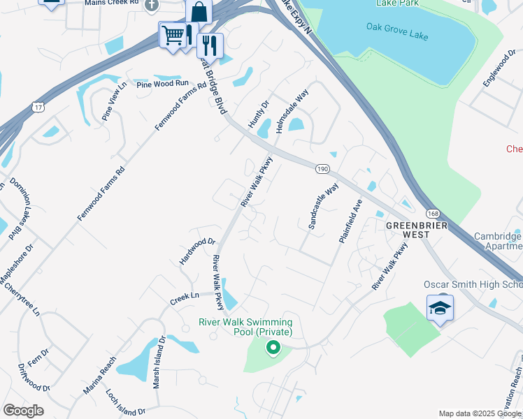 map of restaurants, bars, coffee shops, grocery stores, and more near 704 Rapidan River Court in Chesapeake