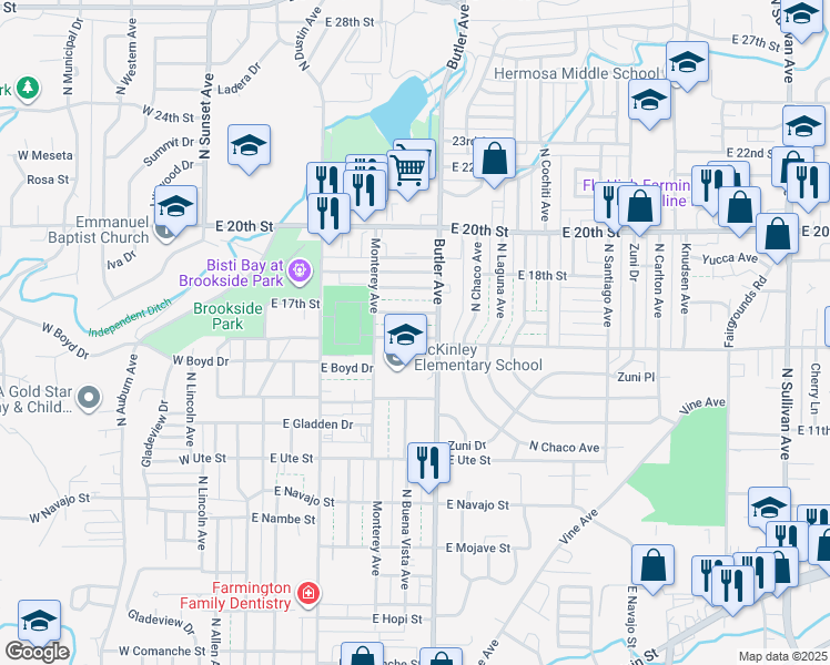 map of restaurants, bars, coffee shops, grocery stores, and more near 609 East 16th Street in Farmington