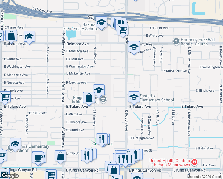 map of restaurants, bars, coffee shops, grocery stores, and more near 235 North Sylmar Avenue in Fresno