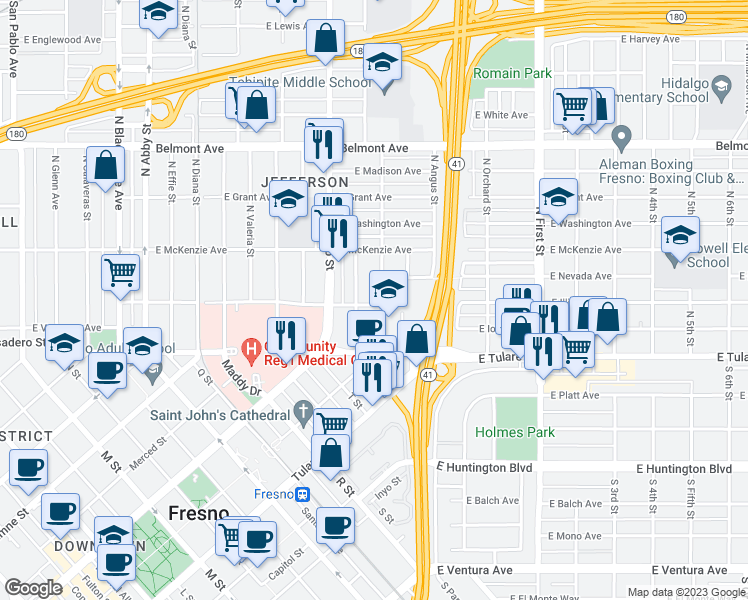 map of restaurants, bars, coffee shops, grocery stores, and more near 233 North Mariposa Street in Fresno