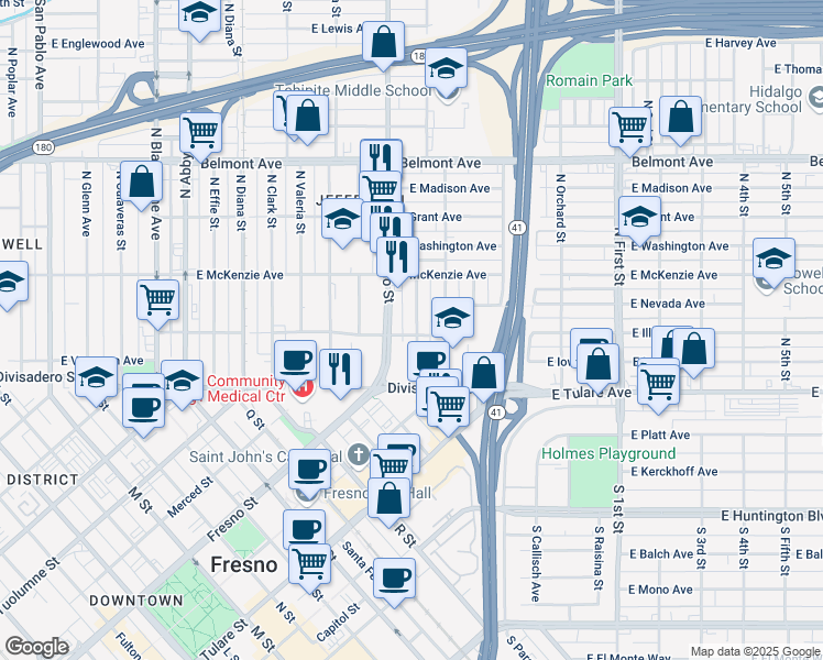 map of restaurants, bars, coffee shops, grocery stores, and more near 230 Fresno Street in Fresno