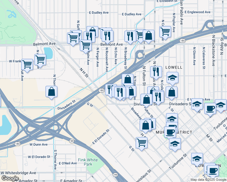 map of restaurants, bars, coffee shops, grocery stores, and more near 163 North Echo Avenue in Fresno