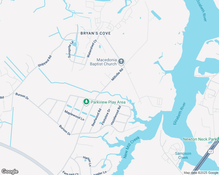 map of restaurants, bars, coffee shops, grocery stores, and more near 1841 Millville Road in Chesapeake