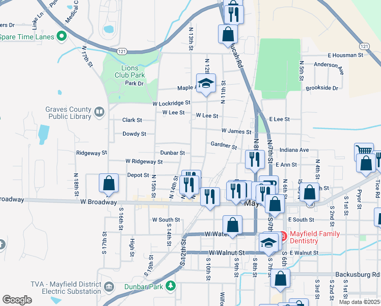 map of restaurants, bars, coffee shops, grocery stores, and more near 401 North 13th Street in Mayfield