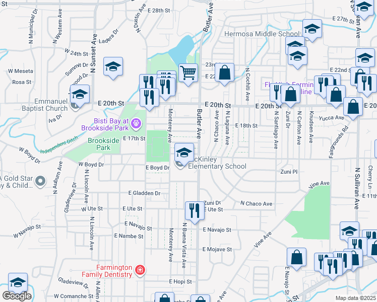 map of restaurants, bars, coffee shops, grocery stores, and more near 609 East 16th Street in Farmington