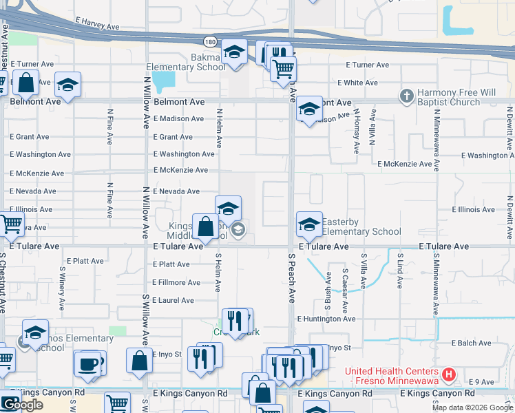 map of restaurants, bars, coffee shops, grocery stores, and more near 235 North Sylmar Avenue in Fresno
