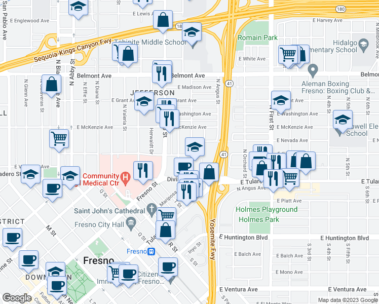 map of restaurants, bars, coffee shops, grocery stores, and more near 205 North Mariposa Street in Fresno