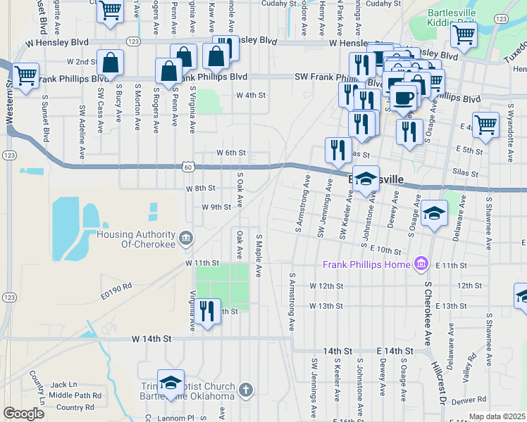 map of restaurants, bars, coffee shops, grocery stores, and more near 900 South Maple Avenue in Bartlesville