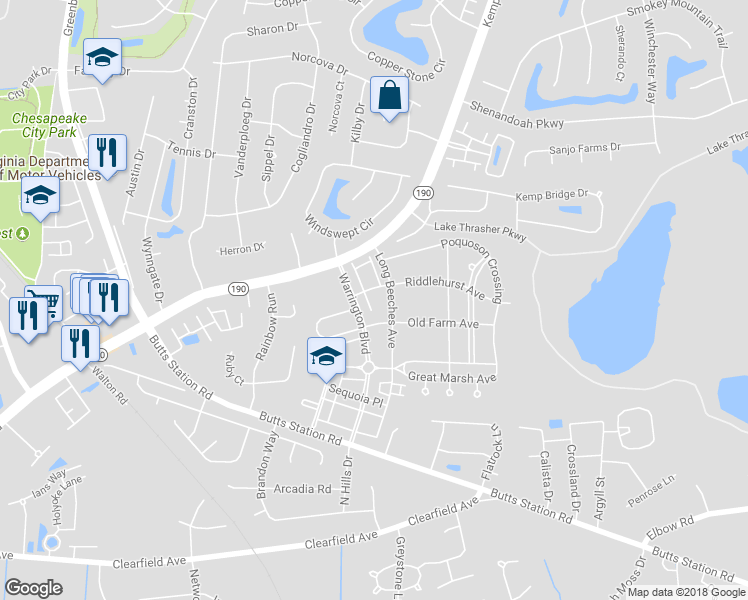 map of restaurants, bars, coffee shops, grocery stores, and more near 1117 Halton Lane in Chesapeake