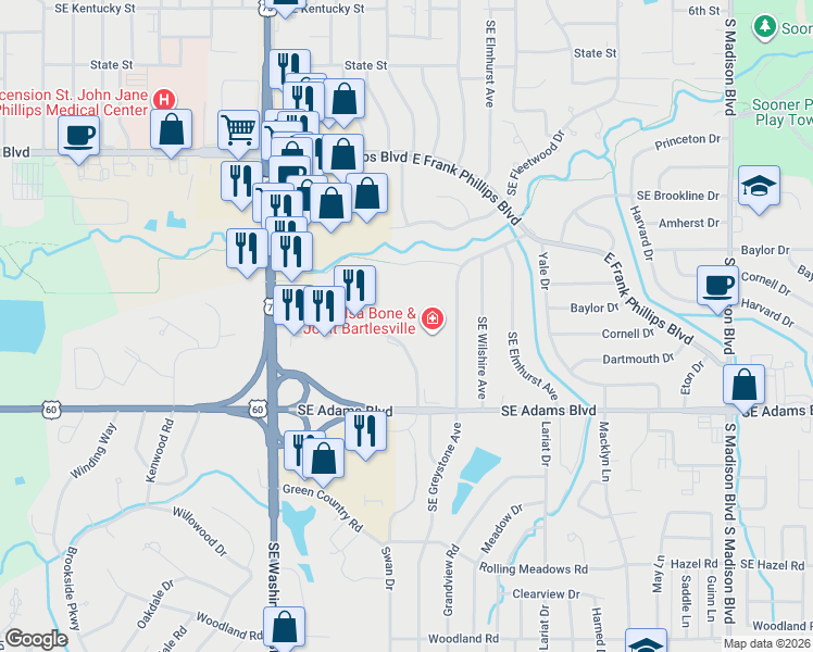 map of restaurants, bars, coffee shops, grocery stores, and more near 4100 Southeast Adams Road in Bartlesville