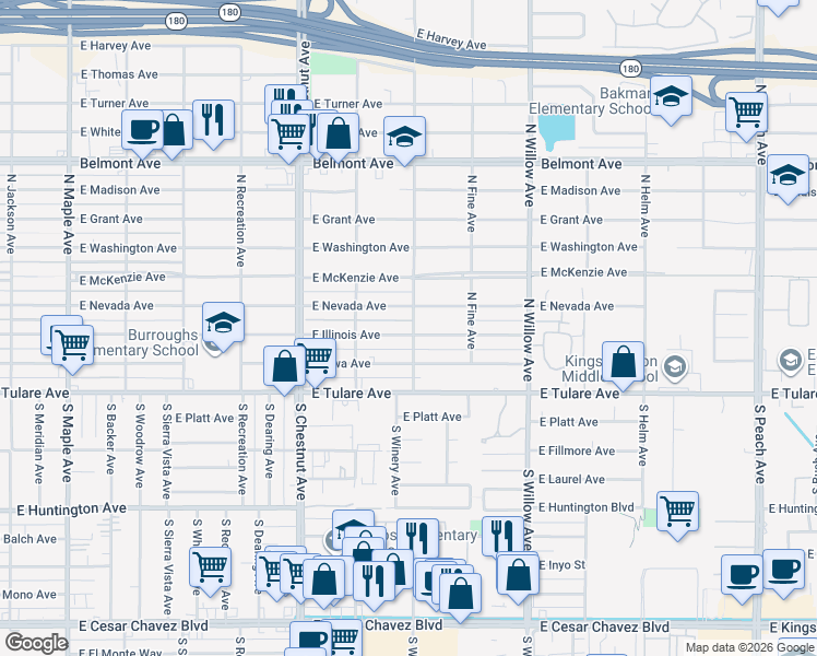 map of restaurants, bars, coffee shops, grocery stores, and more near 4912 East Nevada Avenue in Fresno