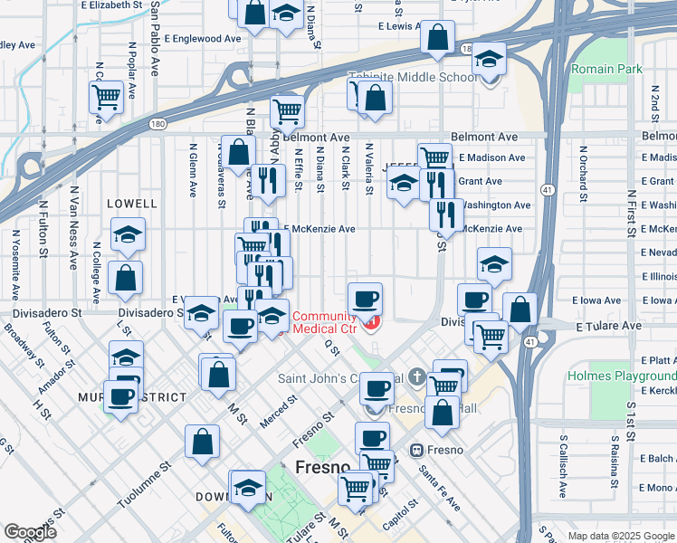 map of restaurants, bars, coffee shops, grocery stores, and more near 217 North Diana Street in Fresno