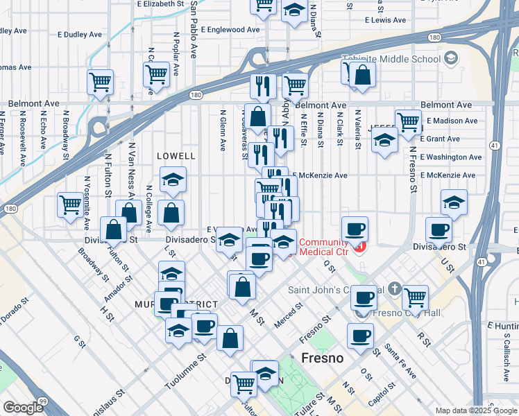 map of restaurants, bars, coffee shops, grocery stores, and more near 224 North Calaveras Street in Fresno