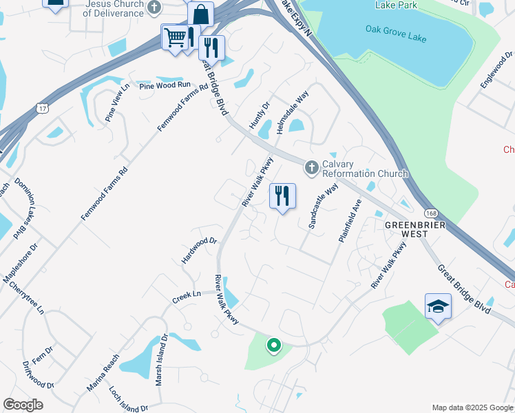 map of restaurants, bars, coffee shops, grocery stores, and more near 717 Rapidan River Court in Chesapeake