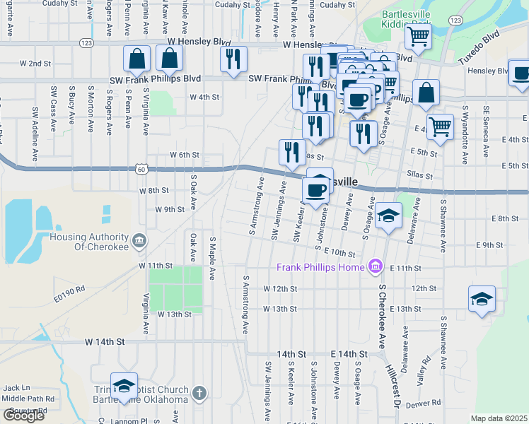 map of restaurants, bars, coffee shops, grocery stores, and more near 815 Southwest Jennings Avenue in Bartlesville
